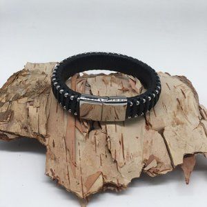Men's Black Woven Leather Bracelet with Studs and Stainless Steel Clasp.